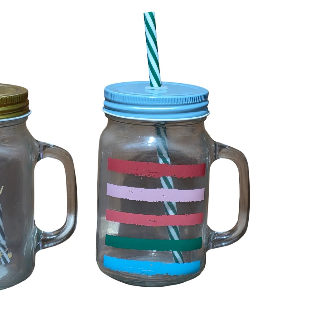 Orly Glass Mason Jar Mug Set of 2 with Straws 20oz You Got This Striped Multi - Picture 3 of 5